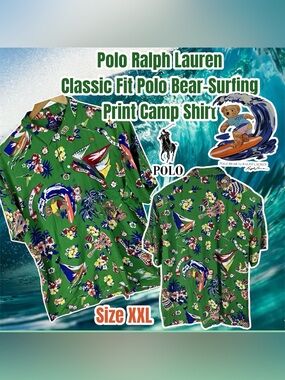 New Polo Ralph Lauren Polo Bear Surfing Camp Hawaiian Shirt Floral Viscose XXL